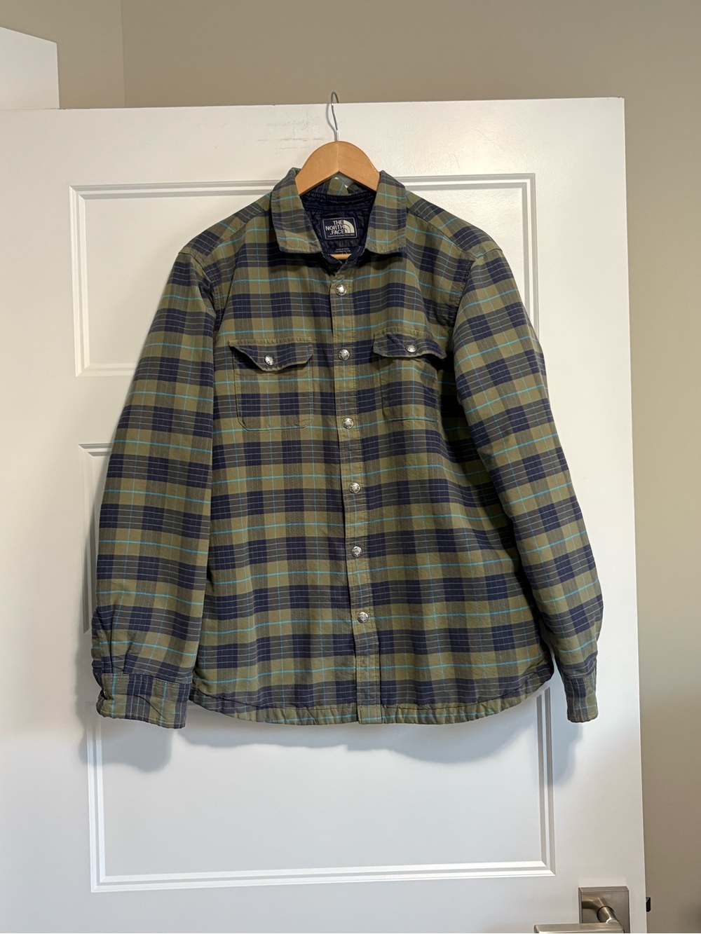 North Face Jacket Mens Large Green Blue Plaid Quilted Flannel Shacket Snap Up